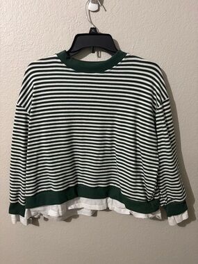 Cali Be Striped Green & White Layered Peekaboo Hem Crewneck Sweater